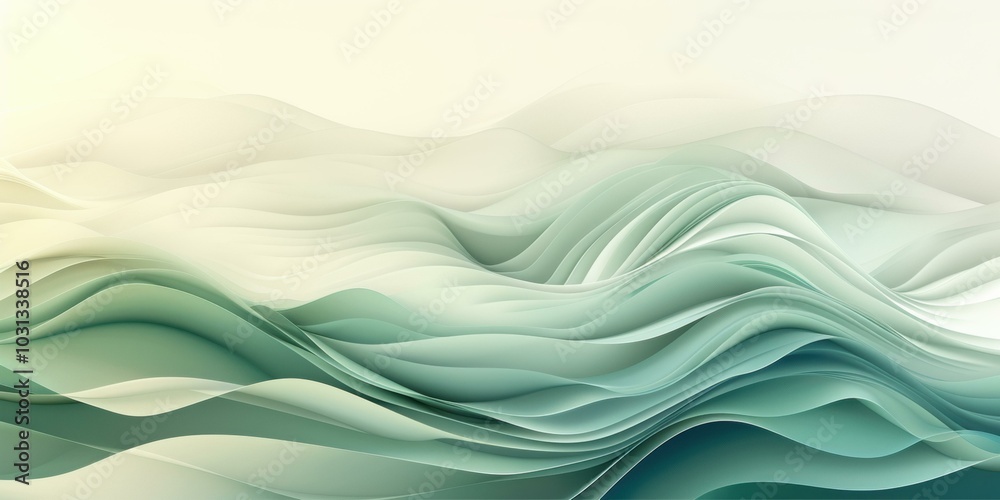 Poster Abstract waves in green and white. AI.