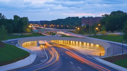 A modern highway underpass at dusk with cars driving through.