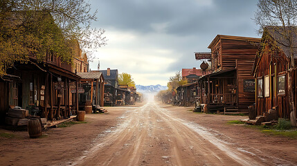 Small Town of the Old West. Unpaved roads with wooden houses