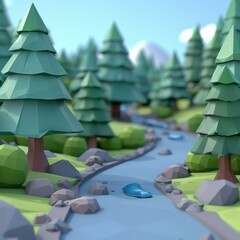 Obraz premium A low-poly river winds through a forest of trees. AI.