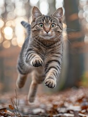 Fototapeta premium A cat leaps through the air, paws outstretched. AI.