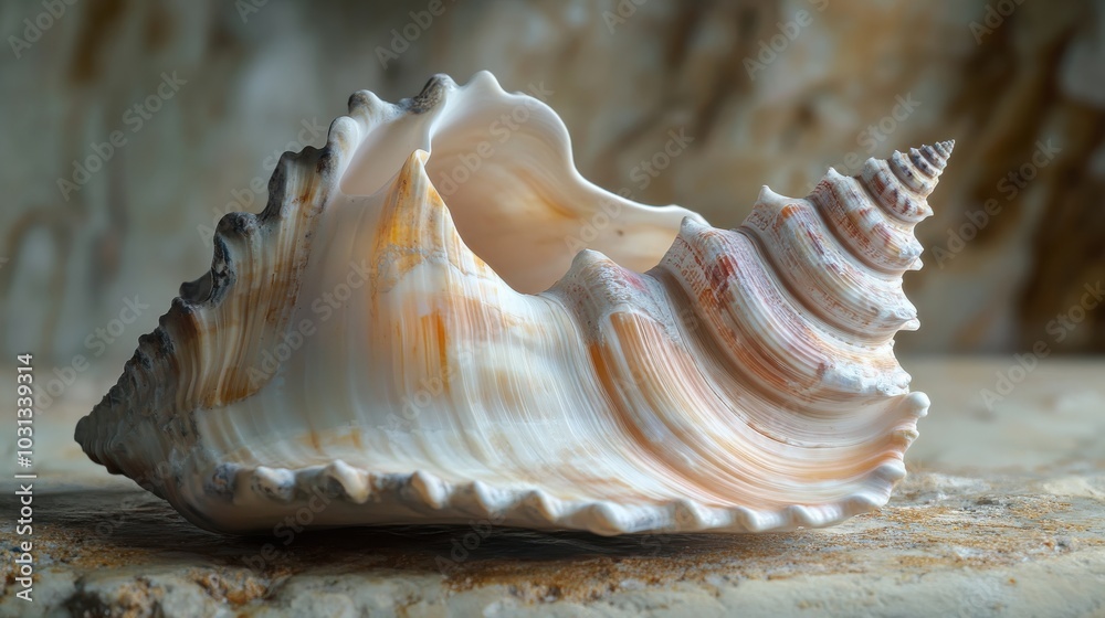 Poster close-up of a stunning seashell showcasing divine proportions and smooth curves in soft pastel hues 