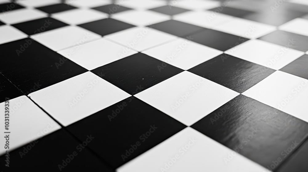 Poster A close-up view of a chessboard pattern demonstrating divine proportion and geometric alignment in a monochromatic theme