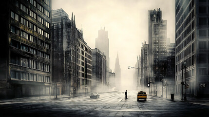 Buildings on both sides of a foggy city street. Muted Sin City style. AI generate image