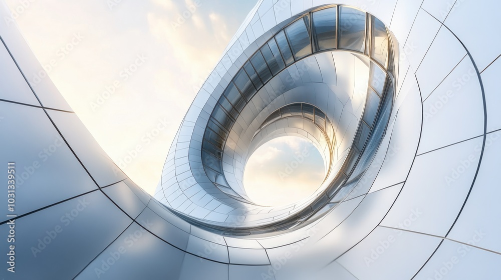 Poster Close-up of a Fibonacci spiral overlaying modern building facade with clean lines and golden ratio alignment