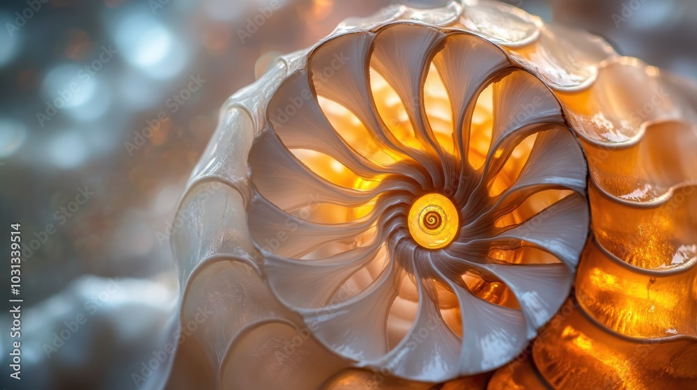 Poster Close-up exploration of a nautilus shell revealing its elegant spiral and smooth textures under warm ambient light