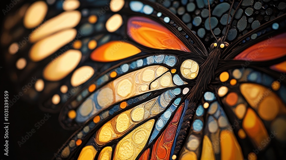 Poster A close-up view of a butterfly's wings displaying intricate patterns and vibrant colors in natural light