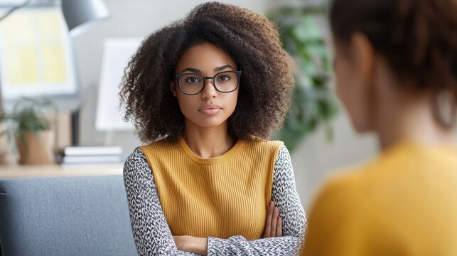 Therapist encouraging a client with defensive posture in a professional therapy office setting