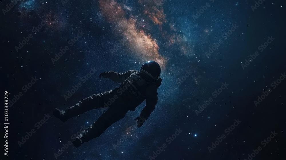 Poster An astronaut peacefully floating through the dark expanse of space with the glowing Milky Way in the background at dusk