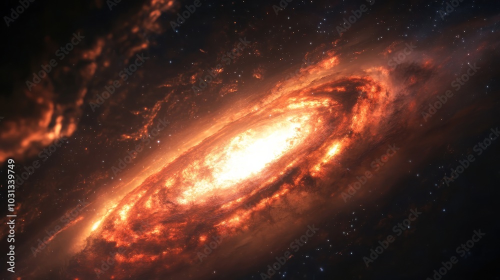 Poster a stunning view of a supermassive black hole at the center of a galaxy, distorting the fabric of spa