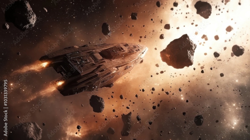 Poster a spaceship navigates through a treacherous asteroid field, showcasing the challenges of space trave