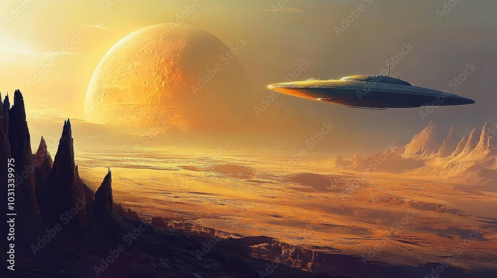 Poster a mysterious alien spacecraft hovers above a newly discovered exoplanet, exploring its rugged terrai