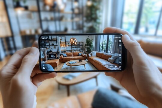 Person taking photo of living room interior with smartphone.