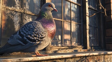 Obraz premium A pigeon perched on a window sill, looking out at the street.