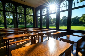 Old-fashioned classroom with wooden desks in rows, sunlight streaming through large windows