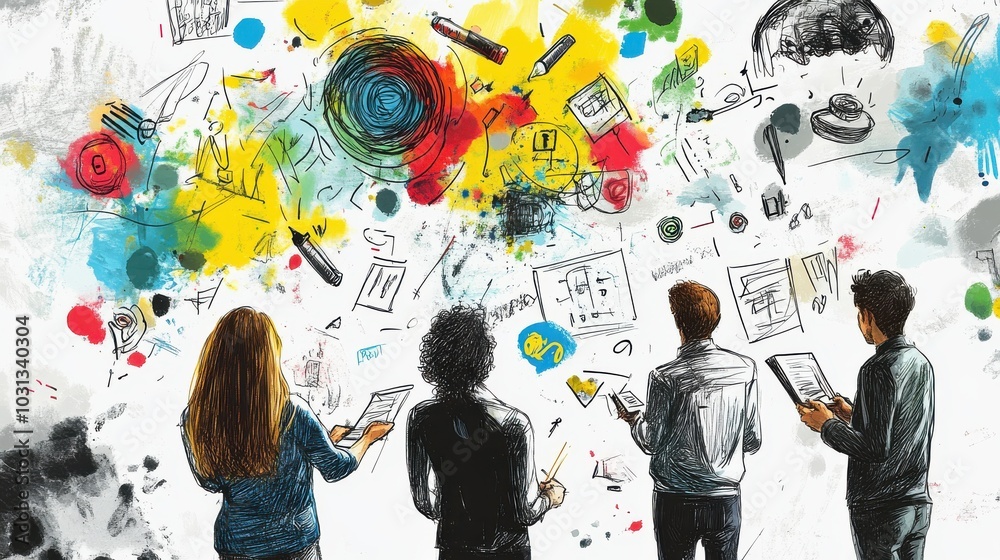 Aufkleber Creative brainstorming session between humans and AI prototypes featuring colorful sketches and innovative ideas