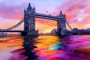 Pastel watercolor of Tower Bridge, with colorful reflections spreading on the Thames