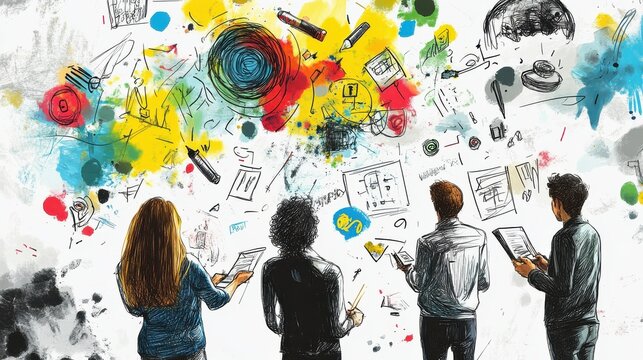 Creative brainstorming session between humans and AI prototypes featuring colorful sketches and innovative ideas