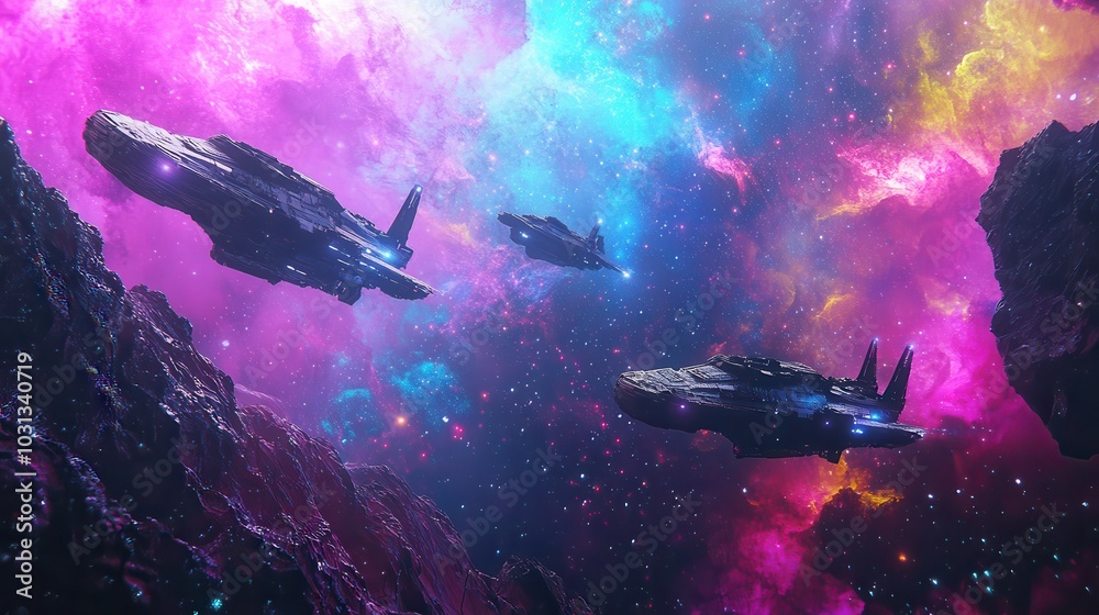Poster a fleet of advanced spaceships navigates the colorful remnants of a supernova amidst vibrant cosmic 
