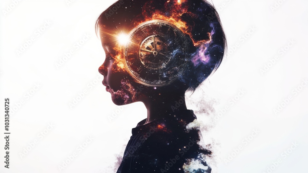Poster a child's silhouette filled with clock gears and swirling galaxies symbolizes timelessness and the p