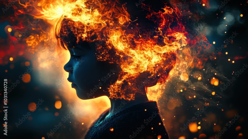 Fototapete a child gracefully commands an enchanting swirl of vibrant flames in a magical double exposure artwo