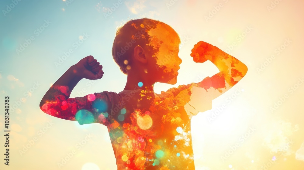 Poster A child showcases super strength in a vibrant display of energy and movement against a bright background