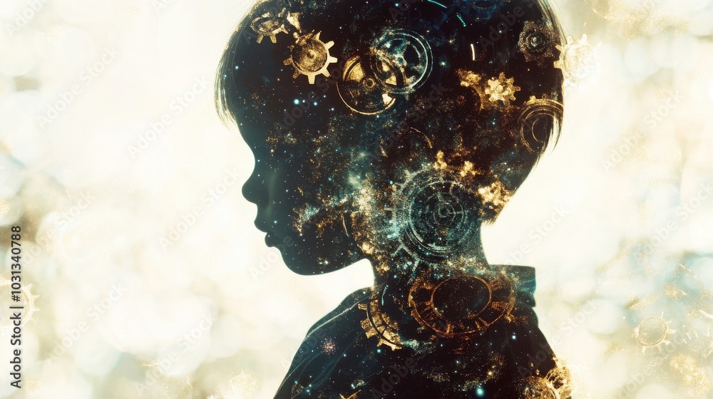 Poster A child with the power to manipulate time, depicted through a double exposure of gears and galaxies, embodies a journey through timelessness