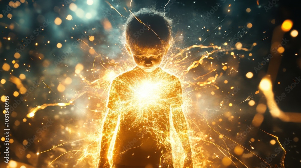 Poster a child generating electricity surrounded by bright sparks and glowing energy in a vibrant double ex