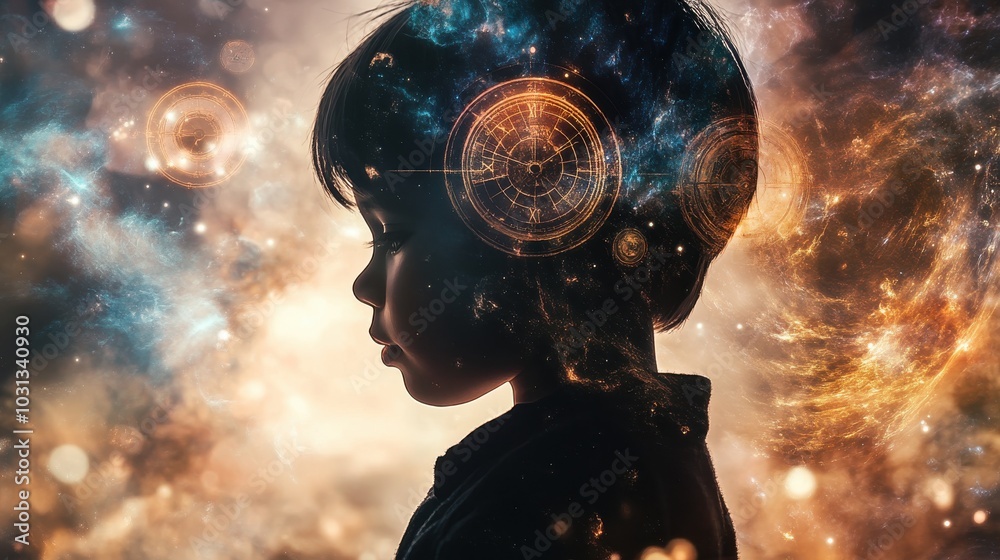 Aufkleber a child with the power to manipulate time, surrounded by swirling galaxies and intricate clock gears