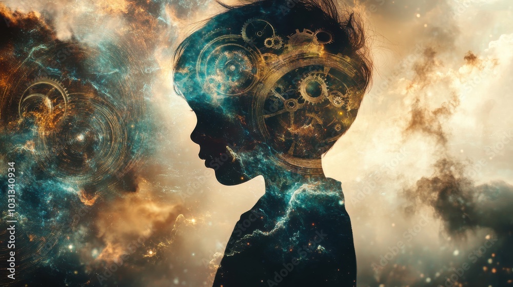 Aufkleber a child with the ability to manipulate time, surrounded by clock gears and swirling galaxies, evokes