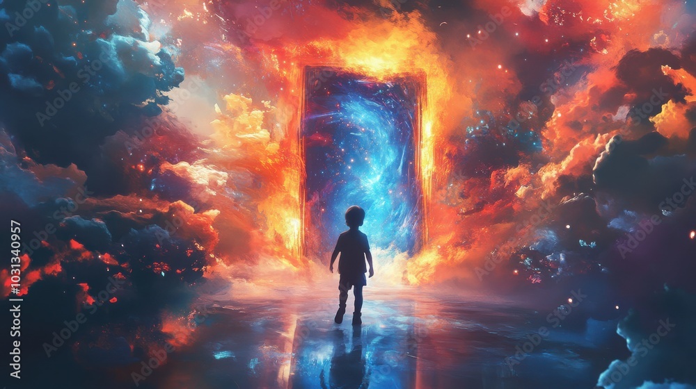 Poster a child stands amidst swirling colorful doorways, exploring the ability to create portals in a vibra