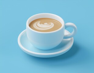 3D cup of latte with a swirl of foam on a saucer