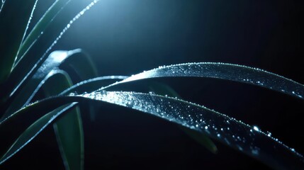 Dramatic macro cinematic detail dew of the curved leaves of an agave plant, with its deep green hue and smooth texture, creates a calming visual effect.