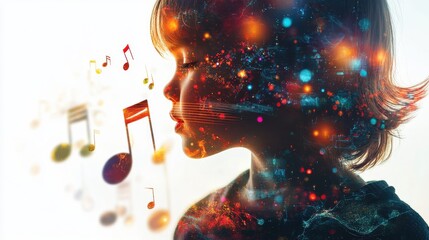 A child harnessing the power of sound amid a vibrant explosion of musical notes and waves expressing harmony and creativity