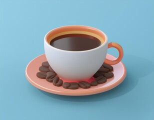 Obraz premium 3D cup of coffee and saucer with coffee beans