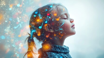 A double exposure portrayal of a child harmonizing with sound through vibrant musical notes and waves, capturing youthful creativity and joy