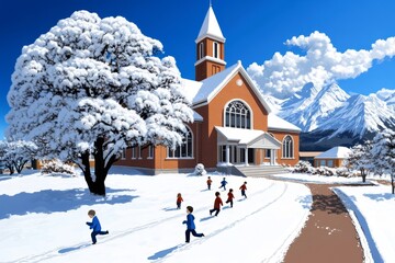 Obraz premium Pixel art schoolhouse surrounded by snow, with animated children running outside