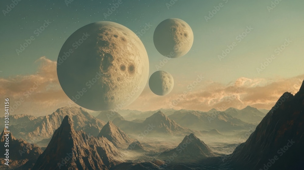 Poster A distant Earth-like planet illuminated by three moons casting shadows over rugged mountains during twilight