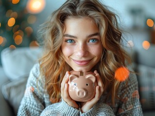 A smiling young woman holds a piggy bank, symbolizing savings and financial goals.