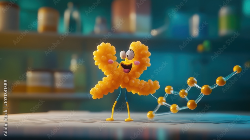 Poster a cheerful cartoon protein character showcases its function in a fun and engaging educational settin