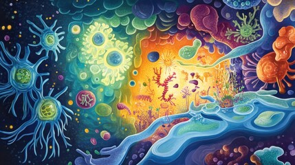 Obraz premium A vibrant cartoon depicting a protein's journey through a cell, interacting with various cellular components in an engaging environment