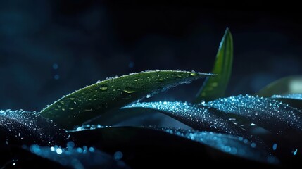 Dramatic macro cinematic detail dew of the curved leaves of an agave plant, with its deep green hue and smooth texture, creates a calming visual effect.