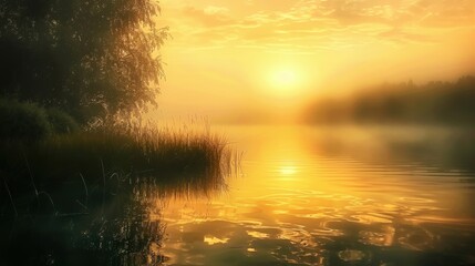 Misty sunrise lights up a tranquil lake with warm golden hues and calm waters at dawn