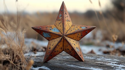 A rustic, weathered star decoration on a wooden log outdoors.