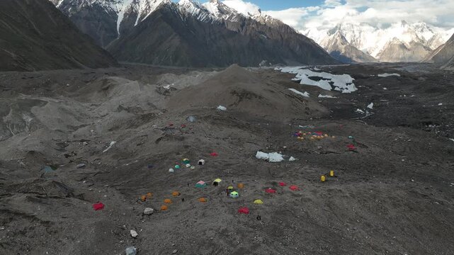 Tents lining the glacier at Goro 2 Campsite along the K2 Base Camp Trek in Pakistan.