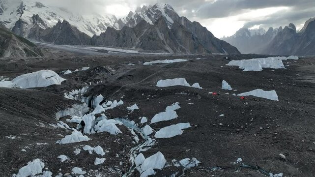 Drone flying over Goro 2 Campsite along the K2 Base Camp Trek in Pakistan.