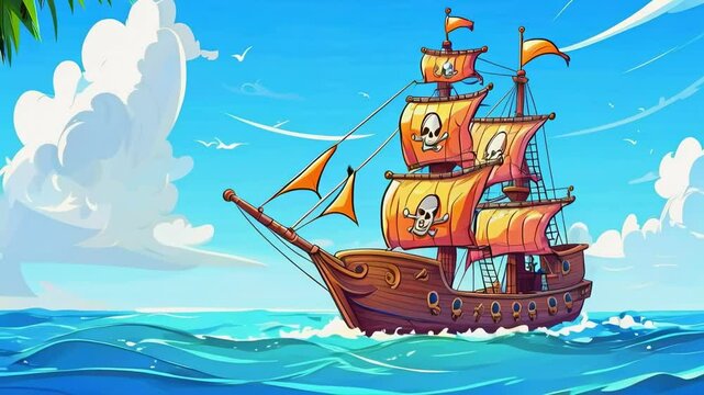 Cartoon Pirate Ship Sailing in the Ocean