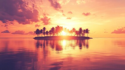 A small, tropical island with palm trees silhouetted against a vibrant orange sunset. The setting sun reflects on the calm water, creating a peaceful and idyllic scene.