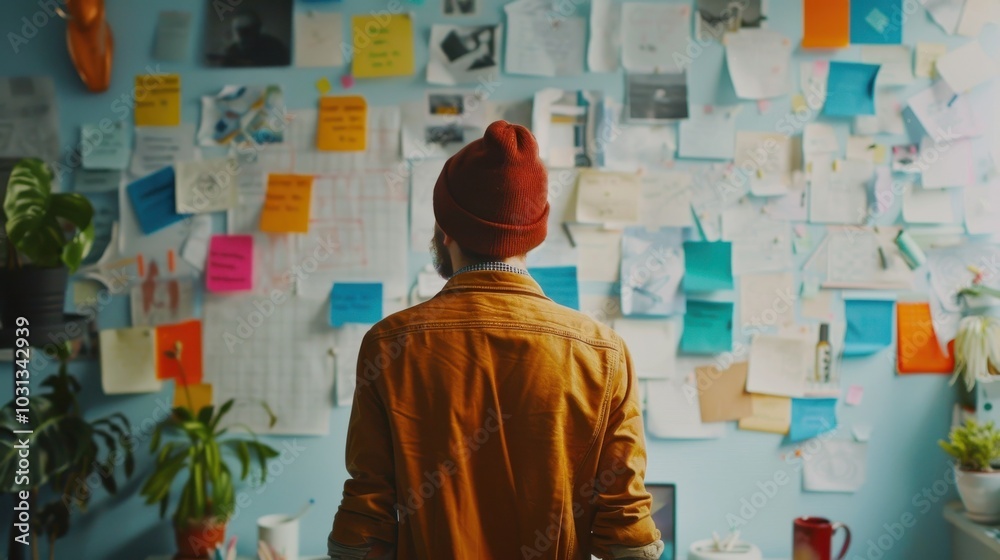 Aufkleber an office worker at a creative agency observes colorful notes and ideas on the wall during a brainst