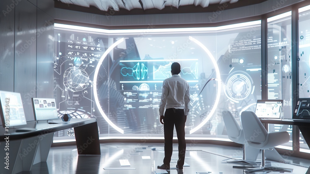Poster an office worker analyzing data in a futuristic open office with advanced technology and digital scr